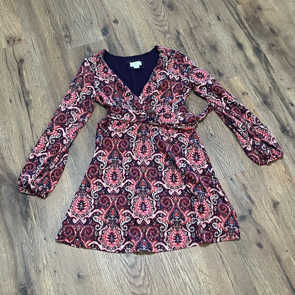 Maeve Red and Purple Paisley Long Sleeve Dress Size Medium